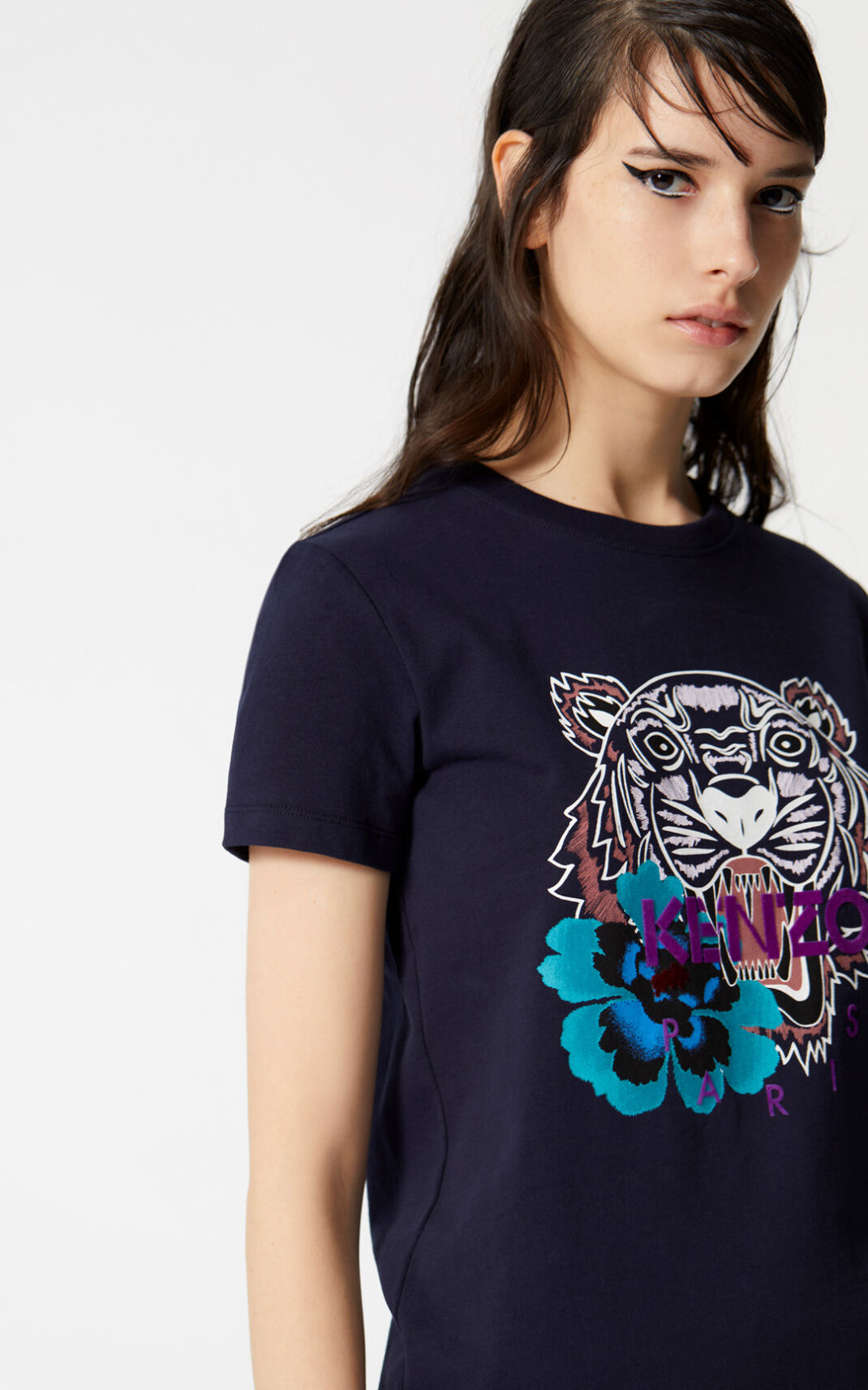 T Shirt Kenzo Indonesian Flower Tiger Femme Bleu Foncé | PYMB-29543